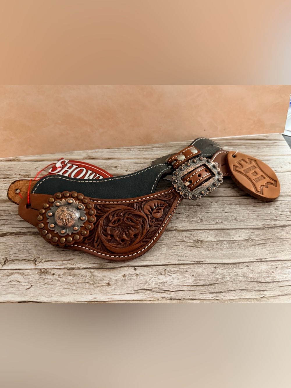 Tooled Brown Leather Western Spur Strap Decorative Copper Barrel Racer Concho